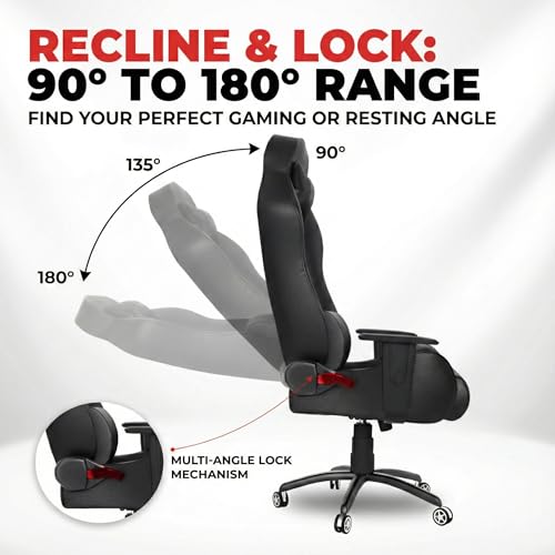 Image of ASE GAMING Gold Series Ergonomic Gaming Chair Premium PU Leather, Adjustable Neck & Lumbar Pillow, 180 Degree Recline with Black Metal Base with 3 Years Warranty (Black)