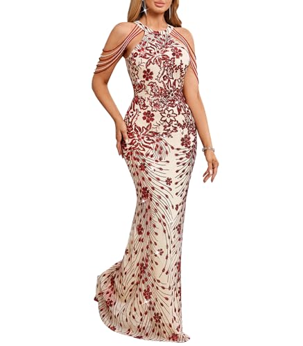 Image of Cololura Women Sexy Elegant Sequin Tassel Off Shoulder Halter Bodycon Maxi Dress Party Evening Gown Formal Dress
