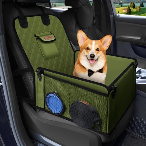 Looxmeer Hunde Autositz Extra Stabiler für Kleine Mittlere Hunde, Auto Hundesitz mit Verstärkte Wände und Sicherheitsgurte, Wasserdicht Hundeautositz für Rück- und Vordersitz, Khaki