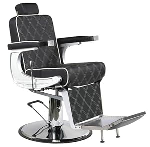 Sillón de barbero Paris tapizado en Negro con Costura Blanca en Forma de Rombos. Silla de barbería reclinable, Regulable en Altura y con Freno. Cabezal Extraible y reposapiés abatible