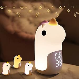 Sveglia per bambini luminosa, 3 colori, luce notturna, ricaricabile, LED sveglia digitale con grazioso unicorno per bambina, Ado Snooze, sveglia, colore: malva