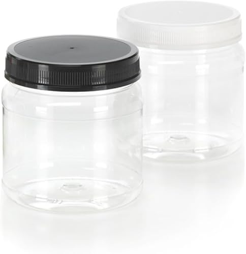 Miniatura 2 de (4) tarros redondos grandes de plástico transparente de 64 onzas con tapas acanaladas negras (paquete de 4)