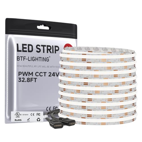 Image of BTF-LIGHTING COB FCOB Dimmable CCT LED Strip DC24V,UL Listed,32.8FT Tunable 2700K-6500K,No Voltage Drop,8mm Wide,CRI 90+ Dotless Light,for Bedroom,DIY Lighting Decor(No Power Supply or Controller)