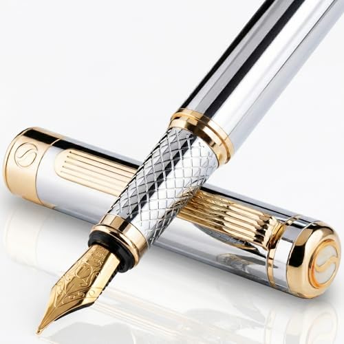 Image of Scriveiner Silver Chrome Fountain Pen - Stunning Luxury Pen, Real Gold Plating, Schmidt Gilded Nib (Broad), Best Pen Gift Set for Men & Women, Professional, Executive Office, Nice Designer Pens