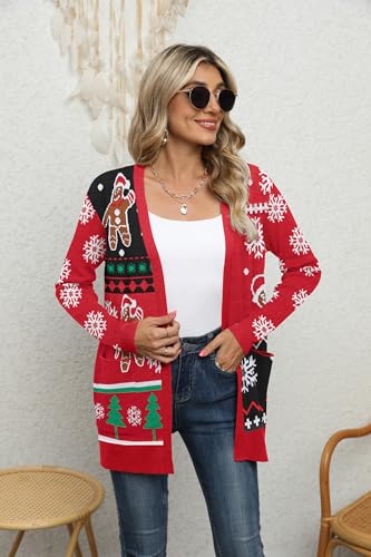 Yommay Strickjacke für Damen Elegante locker lässig leichtes Frauen Herbst Langarm Pullover mit Taschen,Weihnachtsschnee,XXL