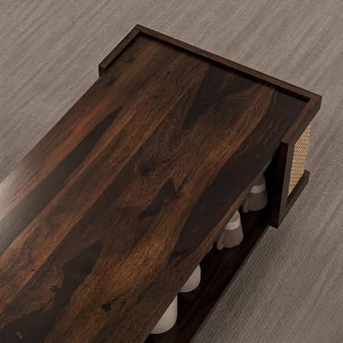 Image of Wooden Center Table for Living Room | Modern Rectangular Center Coffee Table with Open Storage Shelf & Rattan Cane Side Panels | Stylish Wooden Centre Table for Home, Lounge & Drawing Room