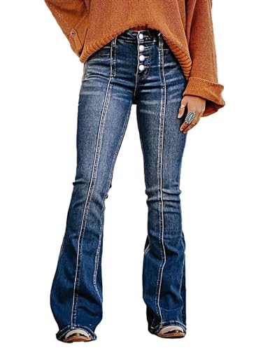 Flamingals Women's Mid Rise Stretchy Flared Leg Jeans Vintage Wash Seam Front Button Fly Trendy Denim Jeans