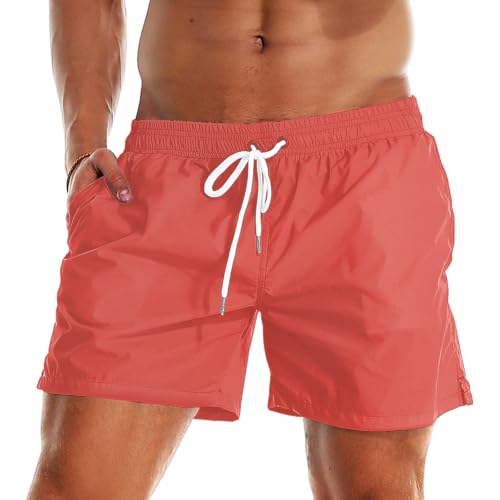 YnimioAOX Men Swim Trunks Quick Dry Beach Shorts Mesh Lining, Coral, 28