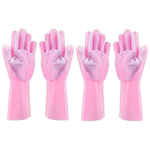 ALCIONO (Set of 2 Pair) Dishwashing Gloves Reusable Silicone Cleaning Gloves with Scrubber, Dish Washing Sponge Gloves Great for Washing Dish, Kitchen. (Pink) Cover