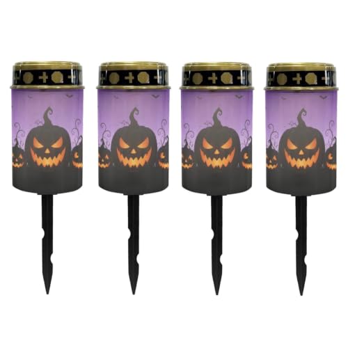 Image of Poceacles Outdoor Solar Powered Cemetery Lights Grave Outdoor Stake Lights Garden Solar Lantern Flameless Candles Halloween Garden Decoration, Pumpkin Bat Print Violet, Pack of 4