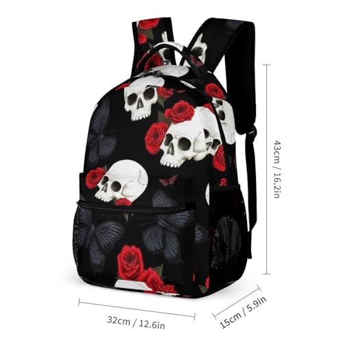 Bookbag Set Daypack with Lunch Box Makeup Bags Shoulder Bags with Lunch Bag Cosmetic Bag Gothic Raven Red Rose Flowers Skull Floral (2) Backpack Set2