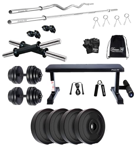 Image of DREAM FIT PVC Home Gym Set - 10 kg with 1 Flat Bench with Foot Extension, 3 ft Curling Rod, 5 ft Straight Rod, 1 Pair Dumbbell rods and Gym Accessories (10kg)