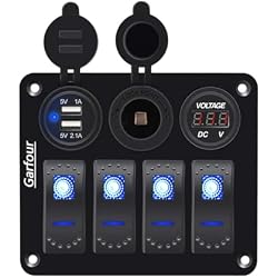 Garfour 4 Gang Waterproof Marine Rocker Switch Panel, 12A 24V Boat Switch Panel with 2.1A USB Fast Charger, Digital Voltmeter, Cigarette Lighter Socket, Switch Panel for Pontoon Boat RV Truck ATV UTV