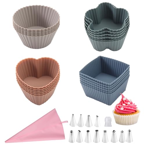 WhaleO 24 Pezzi Pirottini Silicone, Sac a Poche con Beccucci Sac a Poche Pirottini Muffin Silicone per Dolci Stampo Muffin Pirottini Per Friggitrice Ad Aria