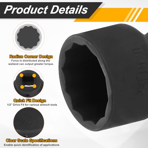 Image of HARFINGTON 2pcs 1 /2 inch Drive x 30mm Shallow Impact Socket 12-Point Metric CR-V Steel Spindle Nut Impact Flip Sleeve for Home Auto Nuts Bolts Repair