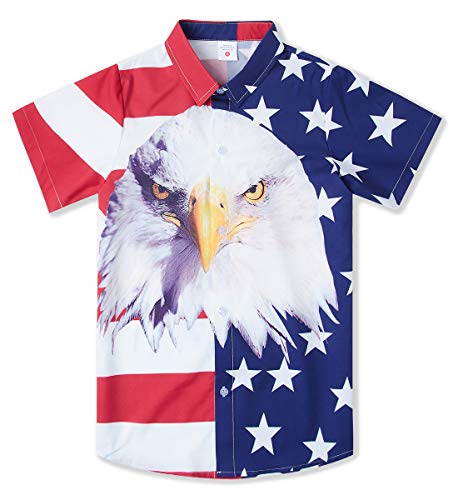 Youth Boy s 9 Yrs 4th of July Hawaiian Shirts 3D Graphic USA Flag Patriotic Aloha Button-Down Tees Hibiscus Bright Red White Stripe Print Island Tops for Birthday Party Summer Vacation