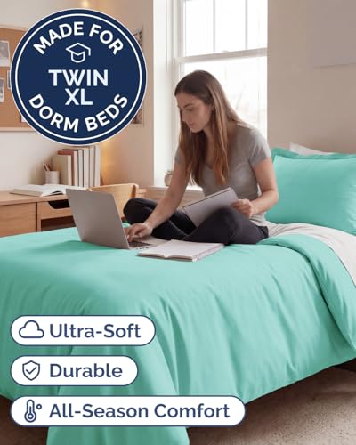 Image of Duvet Cover Twin /Twin XL Size - 2 Piece Set with Zipper Closure - Spa Blue | Extra Soft Twin /Twin XL Duvet Cover 68 inch x 90 inch with 1 Pillow Sham, Hotel Luxury w / Zipper Closures & Ties, Comfy & Breathable