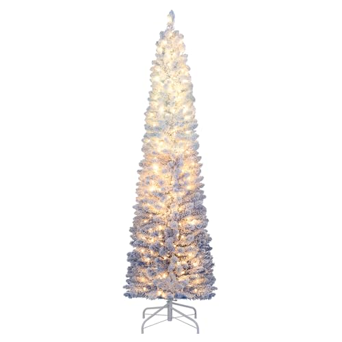 Goplus 6 FT Blue Gradient Snow Flocked Christmas Tree, Pre-Lit Artificial Hinged Slim Pencil Xmas Tree with 220 Warm White LED Lights, 8 Modes, 435 Branch Tips, Metal Stand, Home Office Decoration