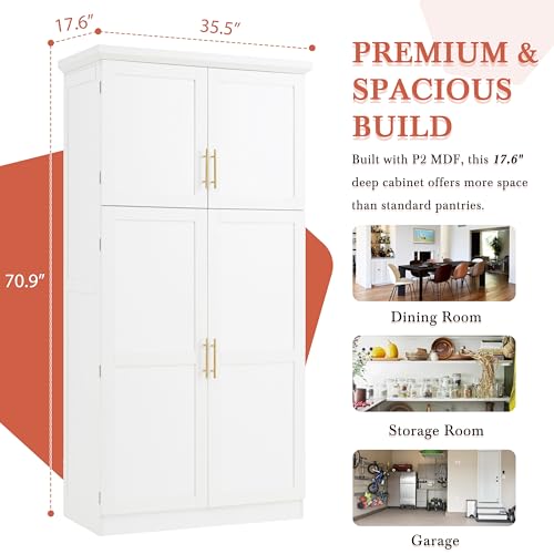 Image of Ball & Cast 71″Tall Kitchen Pantry Cabinet with 8 Pull Out Trays & 4 Doors,Versatile Farmhouse Wood Pantry Storage Cabinet w /2 Doors Shelves and Adjustable Shelves for Kitchen,Dining Room,White