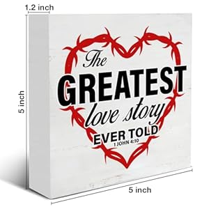 Farmhouse Religious the Great Love Story Wooden Sign Valentines Day Decorations for Home Shelf Bible Verse Decor