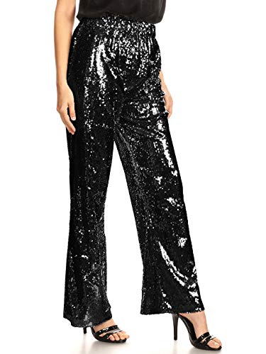 Anna-Kaci Women's Elastic Waist Sparkly Sequin 70's Disco Wide Leg Flare Palazzo Pants3