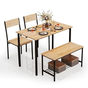 PULUOMIS Dining Table and 2 Chairs with Bench, Dining Table and Chairs Set 4 Piece Dining Room Set, Chair and Bench Set for Restaurant Kitchen Home Bistro Garden, Oak