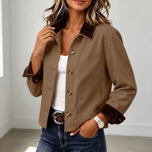 Womens Barn Jacket Cropped Corduroy Collar Office Travel With Patch Pockets - image 9