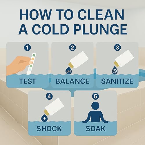 SRN Cold Plunge Kit – Sanitizer, Oxidizer, Spa Up, Spa Down – with My Garden Pool Scum Sponge & 7-in-1 Pool & Spa Test Strips (20 ct) – pH Balance & Maintenance Set for Ice Baths & Plunge Tubs
