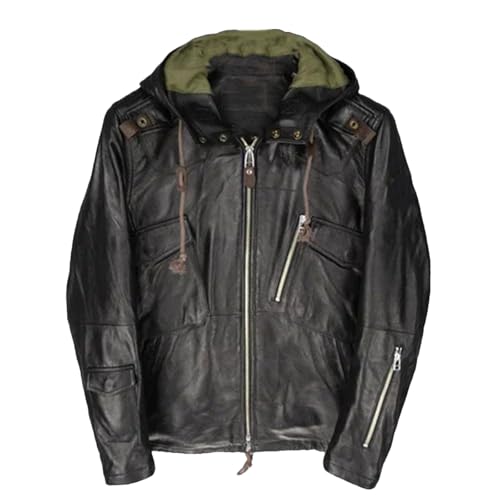 UIOKLMJH Men Zipper Hooded Sheepskin Leather Jacket Black XL