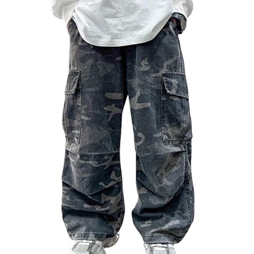 Kids Boys Cargo Baggy Wide Leg Jeans Y2K Streetwear Denim Pants Casual Loose Elastic Waist Trousers Jeans with Pocket