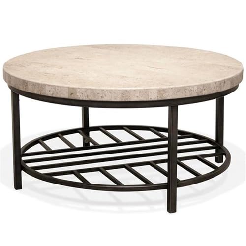 BOWERY HILL Contemporary Round Stone Top Coffee Table in Alabaster Travertine for Living Room, 36