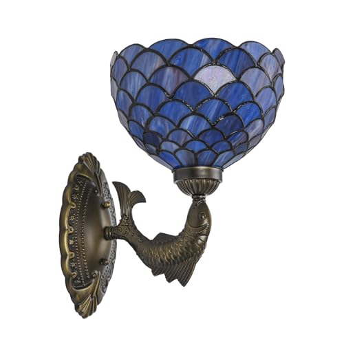 Image of Blue Purple Fish Scales Tiffany Wall Sconce 8 inch Stained Glass Wall Light with E26 Base Vintage Art Deco Wall Lamp for Bedroom Hallway Living Room Home Office (Blue Purple Fish Scales)