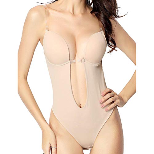 Comtervi - Body para Mujer sin Espalda con Escote en V Profundo, sin Tirantes, para el Vientre, para moldear la Cintura, Caqui, 34