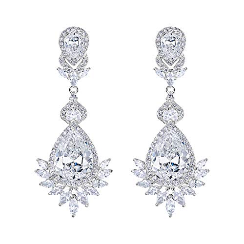 EVER FAITH Cubic Zirconia Bridal Art Deco Tear Drop Pierced Dangle Earrings Clear Silver -Tone