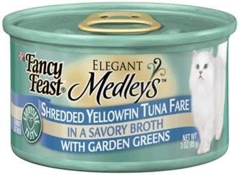 Fancy Feast Elegant Medley`s Shreeded Yellowtail Tuna Fare w/ Garden Greens Canned Cat Food 24 - 3oz Cans