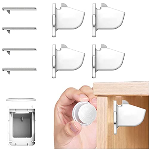 Retoo Serratura magnetica per armadietto, 4 pezzi, con chiave per armadio e cassetti, serratura magnetica invisibile, colore bianco
