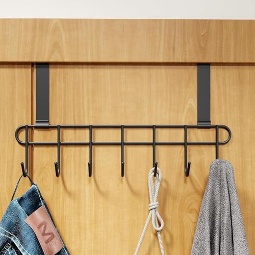 Over The Door Hook Hanger, Hanging Organizer Rack Steel Door Hook Hanger Wall Hook Rack (7 Hooks) Black