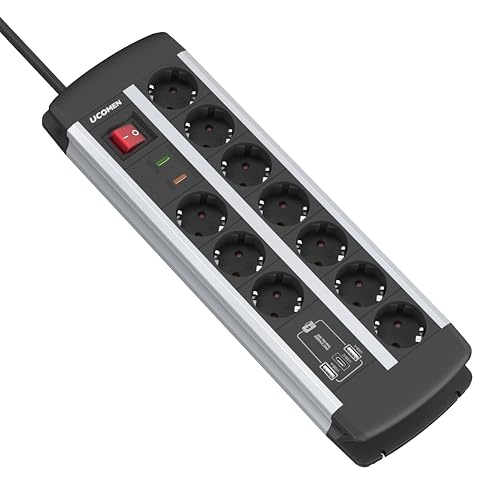 Multiprise avec Interrupteur, 10 Prises, Protection Contre Les Surtensions et Surcharges, USB-A/C 20W, Multiprise Murale, Cordon de 1,5 m, 16A/3680W, sans Terre