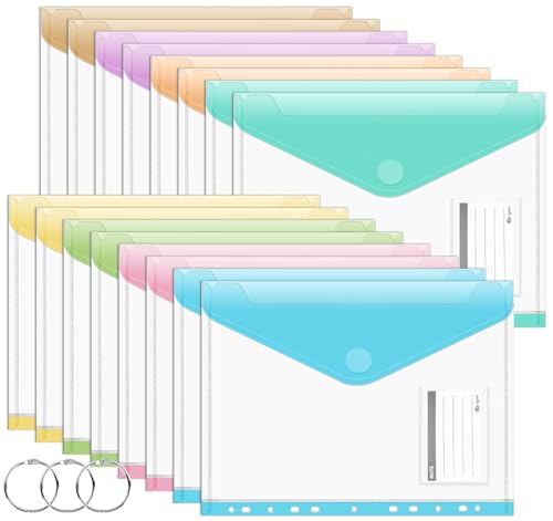 Agoer Lot de 16 pochettes perforées en plastique A4 + avec pochettes perforées, 8 pochettes assorties pour documents, dossiers à 11 trous avec fermeture Velcro pour...