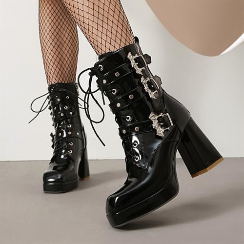 Image of FOREADA Goth Boots Chunky Heel Boot For Women Ankle Combat Booties Black Platform Bootie Buckle Rivets Punk Goth Shoes With Zipper