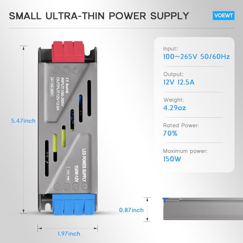 Image of LED Driver 150 Watts Power Supply 100V-265V AC to 12V DC Converter,Quiet and Small Transformer Low Voltage Output for Strip Light,Lamp