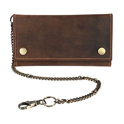 CTM Men's Hunter Leather Long Trifold Chain Wallet, Brown