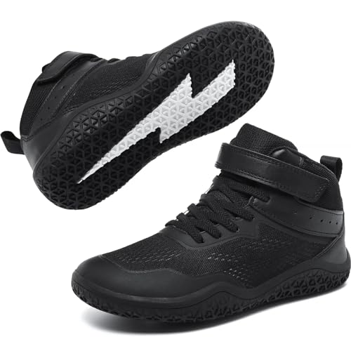 Youth Wrestling Shoes Kids Boys Girls Boxing Shoes Wide Toe Box Strap Black