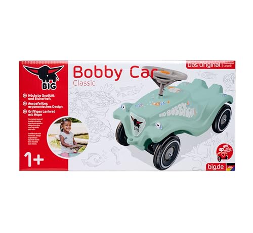 BIG Bobby Car Classic Green Sea - Rutschauto ab 1 Jahr im bunten Meeres-Design mit grauem Sicherheits-Lenkrad und Hupe, für Kinder von 1-5 Jahre (bis 50 kg), salbei mit Aufklebern – Bild 8