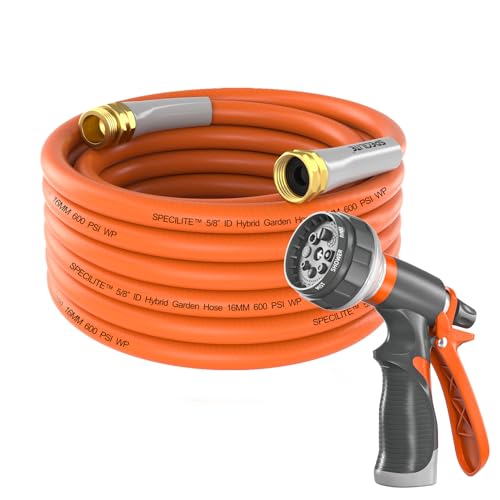 SPECILITE Garden Water Hose 25 ft x 5/8 in Heavy Duty, Flexible and Lightweight, Burst 600 psi, Kink-less Hybrid Rubber Pipe for Backyard, 3/4'' Brass Fittings, Orange