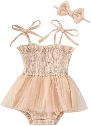 Meihuida Newborn Baby Girl Sleeveless Romper with Headband Summer Clothes Cotton Linen Bodysuit Tulle Tutu Skirt Apricot 3-6 Months