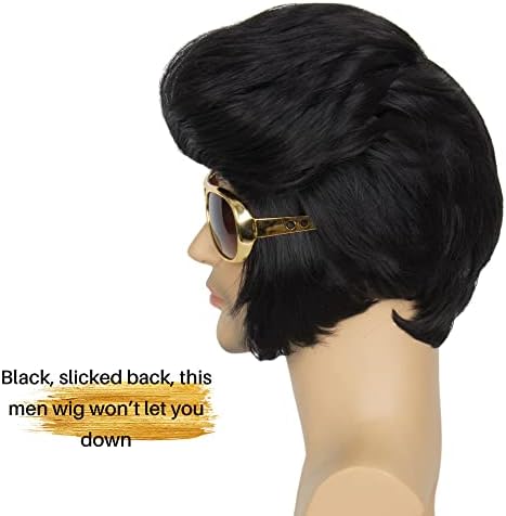 Koonfan Mens Male 50s 60s Rocker Style Wig Men's Short Black Costume Wig with Glasses - 4