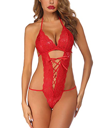 Avidlove Teddie Lingerie for Women Women Deep V Halter Lingerie Teddy One Piece Bodysuit Lace Babydoll Red M