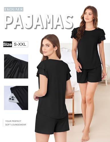 Image of Ekouaer Womens Pajama Sets 2 Piece Ruffle Sleeves Top and Shorts Pjs | Soft Sleepwear Cute Loungewear Set with Pockets for Sleep, Lounge, Wedding, Party, Bridal