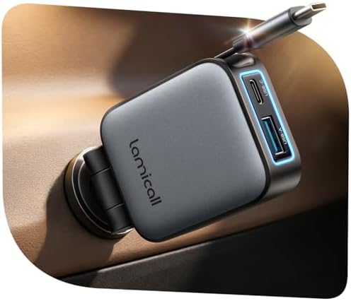 Lamicall 3 IN 1 Zigarettenanzünder USB C Auto Ladegerät Schnellladegerät | [Ultradünn - Um 75% Kleiner] 63W USB Adapter Auto mit einziehbar Typ-C Kabel/USB C/A, 24/12V KFZ Ladegerä